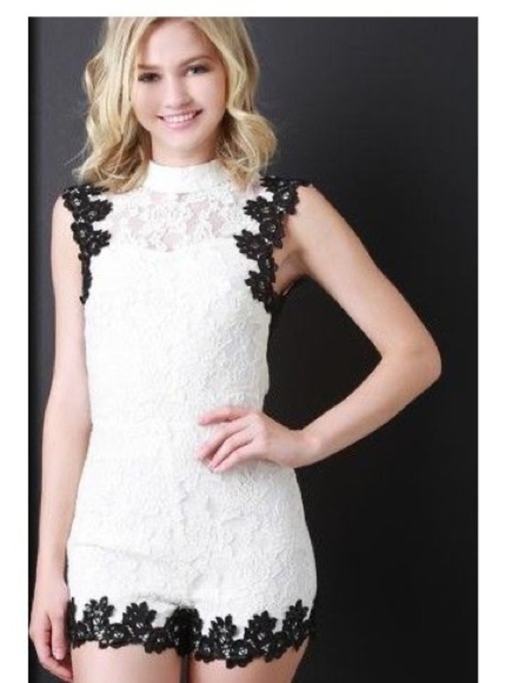 San Joy White Lace Romper with Black Floral Appliqué